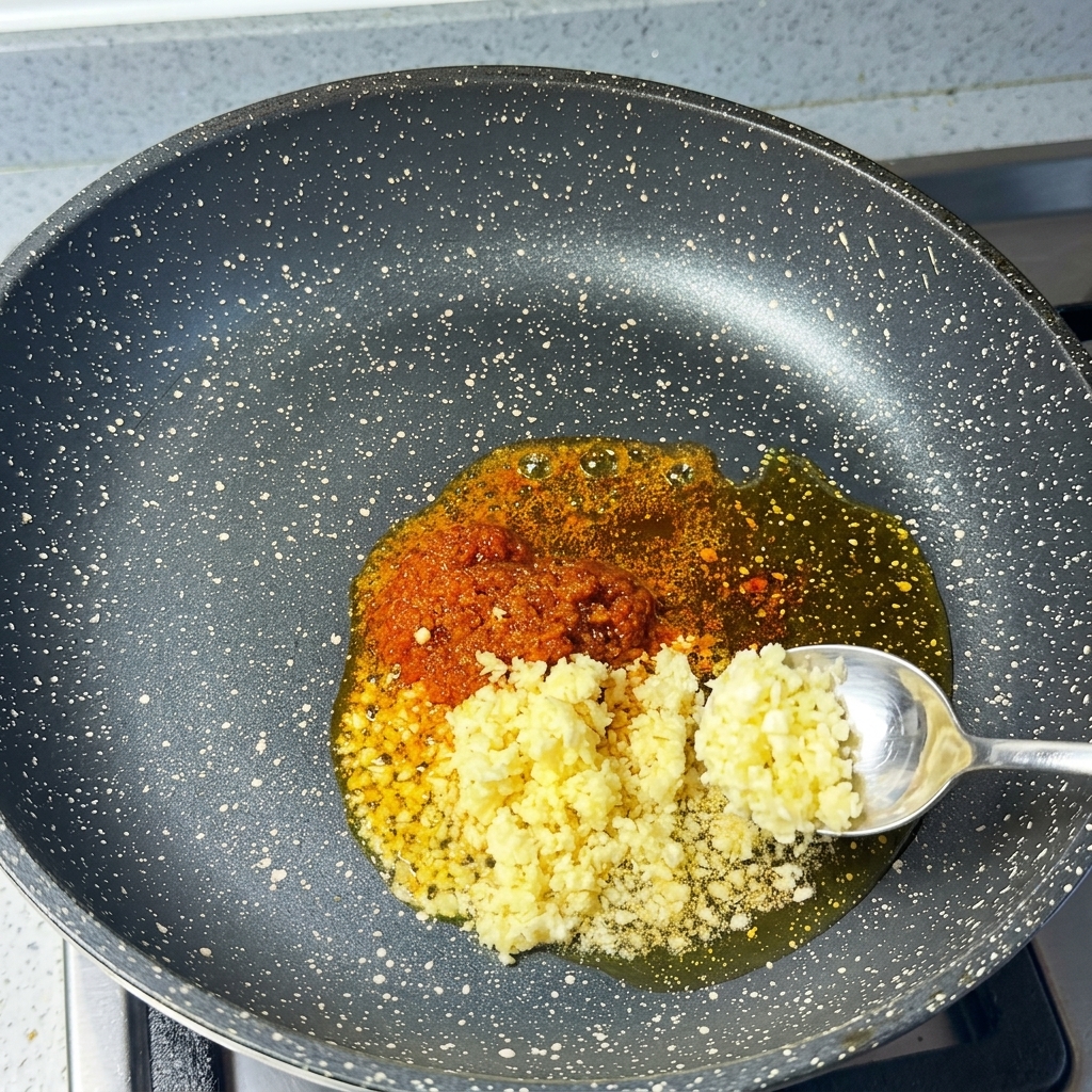 Une cuillerée dail haché à côté de la pâte de piment rouge cuisant dans lhuile chaude dans une poêle.