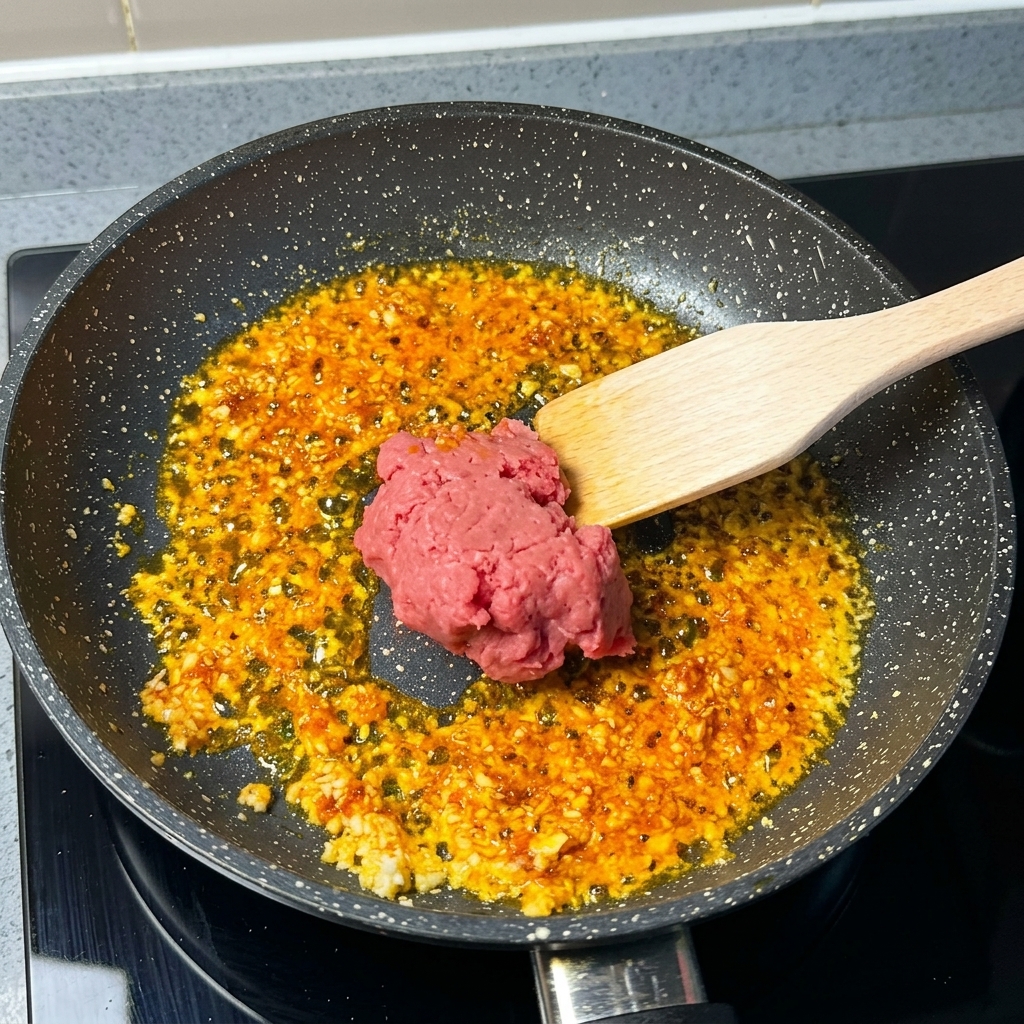 Du porc haché cru et rose sur une spatule en bois, ajouté à une poêle contenant de lhuile pimentée à lail.