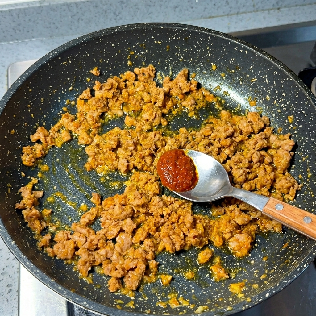 Une cuillère en métal tenant une noix de pâte miso rouge au-dessus de porc haché cuit et doré dans une poêle.