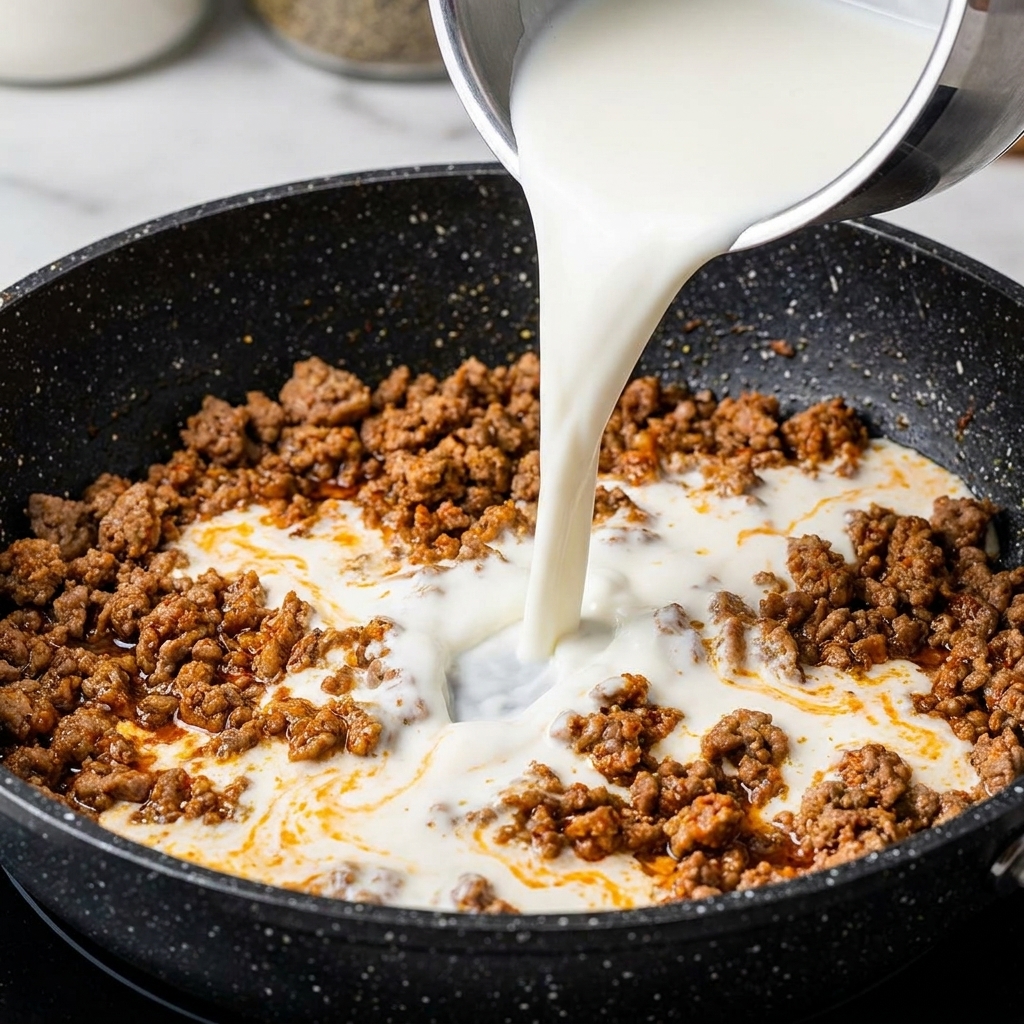 Du lait blanc versé depuis une petite casserole argentée dans une poêle remplie de porc haché assaisonné et doré.