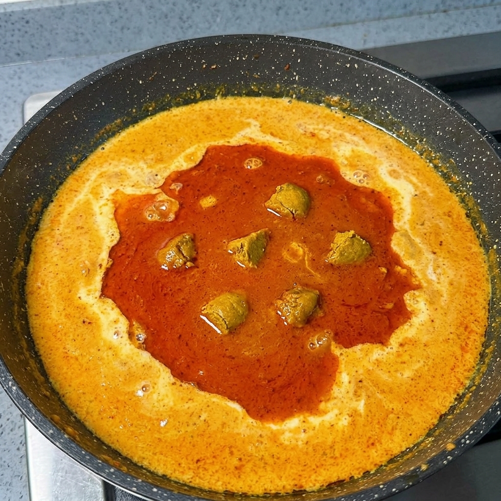 Des morceaux solides de roux de curry japonais brun doré fondant dans un bouillon crémeux orange.
