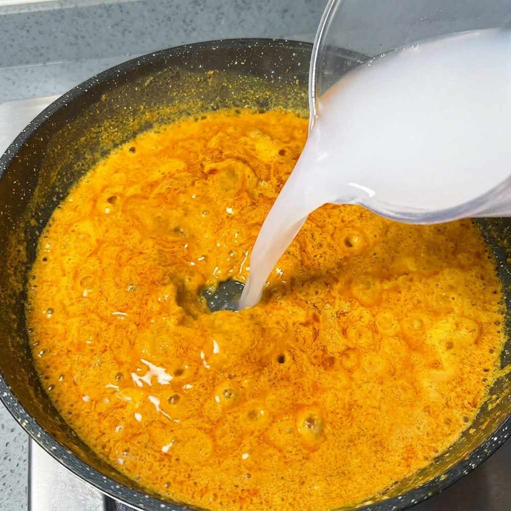 De leau versée depuis un verre doseur dans une sauce au curry orange bouillonnante dans une poêle antiadhésive.