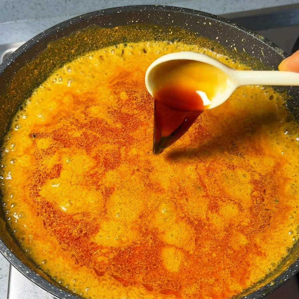 Une cuillère blanche versant de la sauce soja noire dans un bouillon au curry bouillonnant dun orange vif.