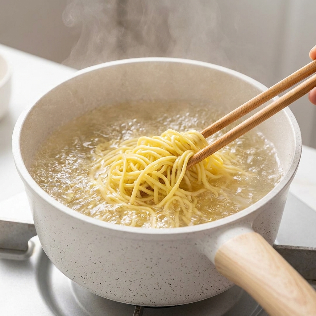 Des nouilles ramen jaunes soulevées avec des baguettes en bois pendant leur cuisson dans une casserole remplie deau bouillante.