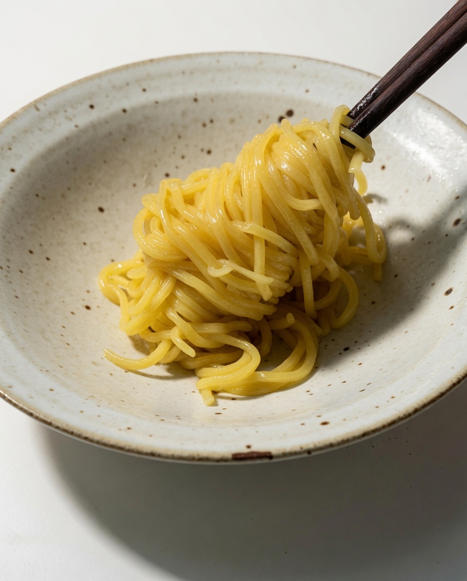 Des nouilles ramen jaunes cuites, soulevées et joliment disposées dans un bol de service en céramique à laide de baguettes foncées.