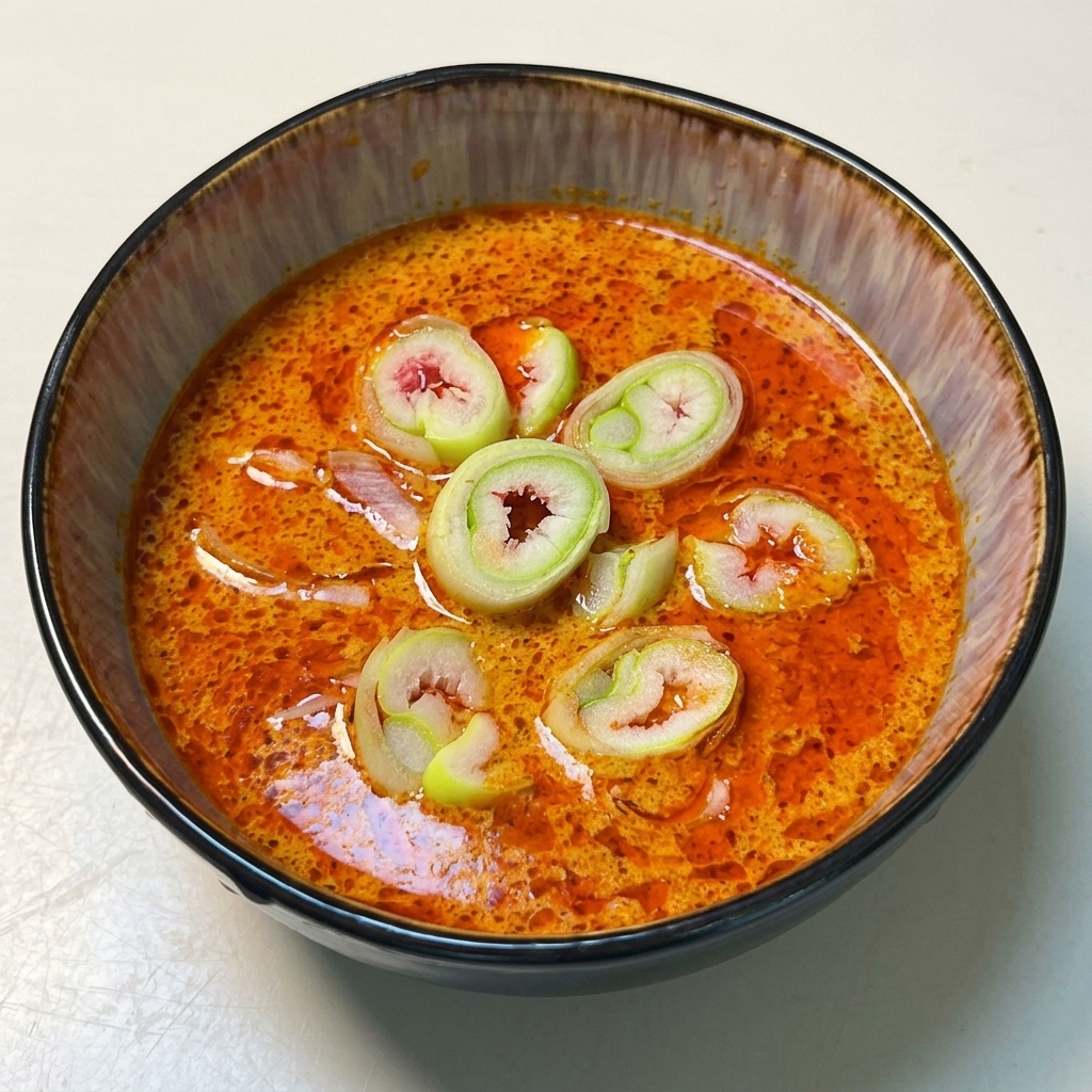 Un bol rempli dune sauce à tremper orange vif au curry, surmonté dun amas de cébettes fraîchement coupées.