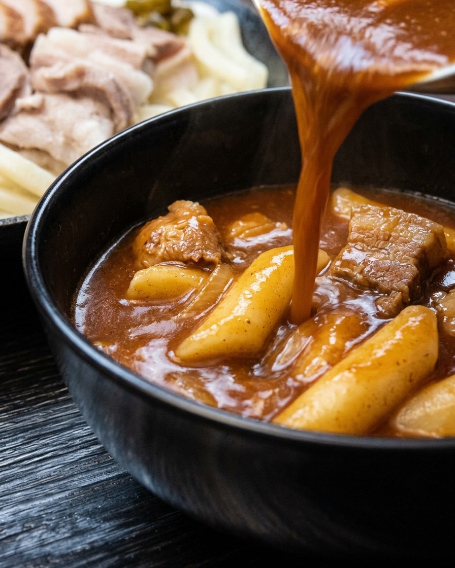 Sauce au curry chaude versée dans un bol de service noir.