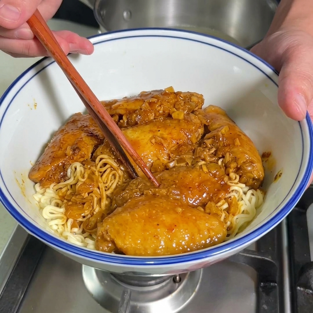 Gros plan sur des ailes de poulet cuisant dans une sauce au curry épaisse et riche à lintérieur dun faitout, avec des baguettes remuant le mélange.
