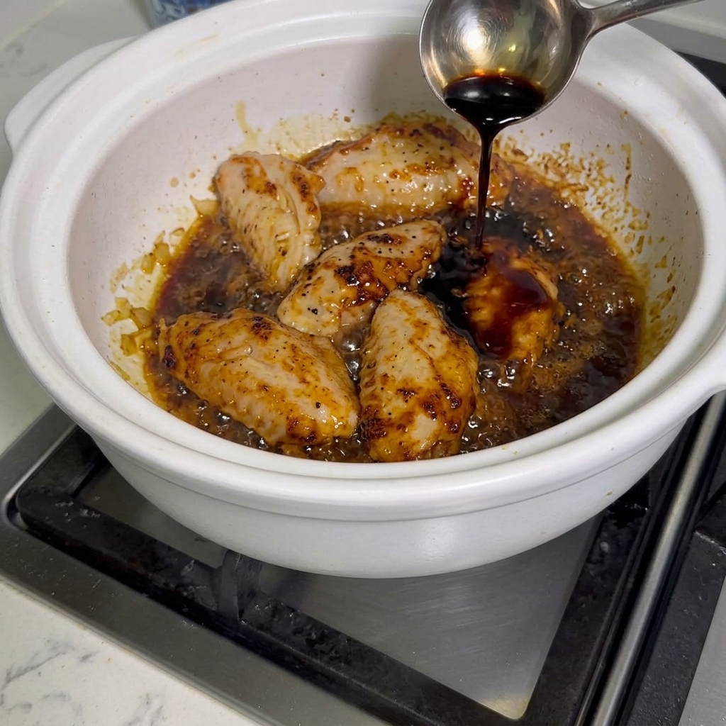 De la sauce soja versée dans le faitout avec les ailes de poulet.