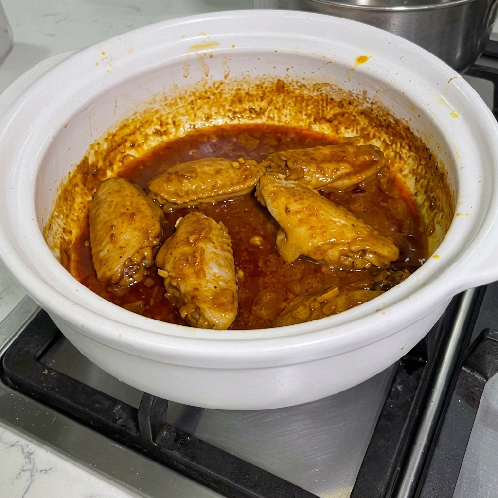 De la sauce saté incorporée aux ailes de poulet au curry dans le faitout.