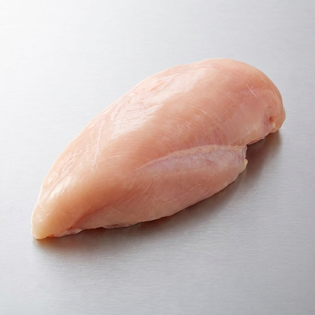 Un blanc de poulet cru sur une surface métallique, assaisonné de poivre noir et de pâte dail.