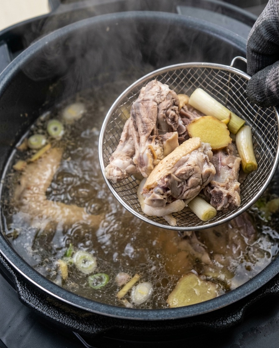 Une écumoire tenant des morceaux de poulet blanchis au-dessus dune casserole deau bouillante