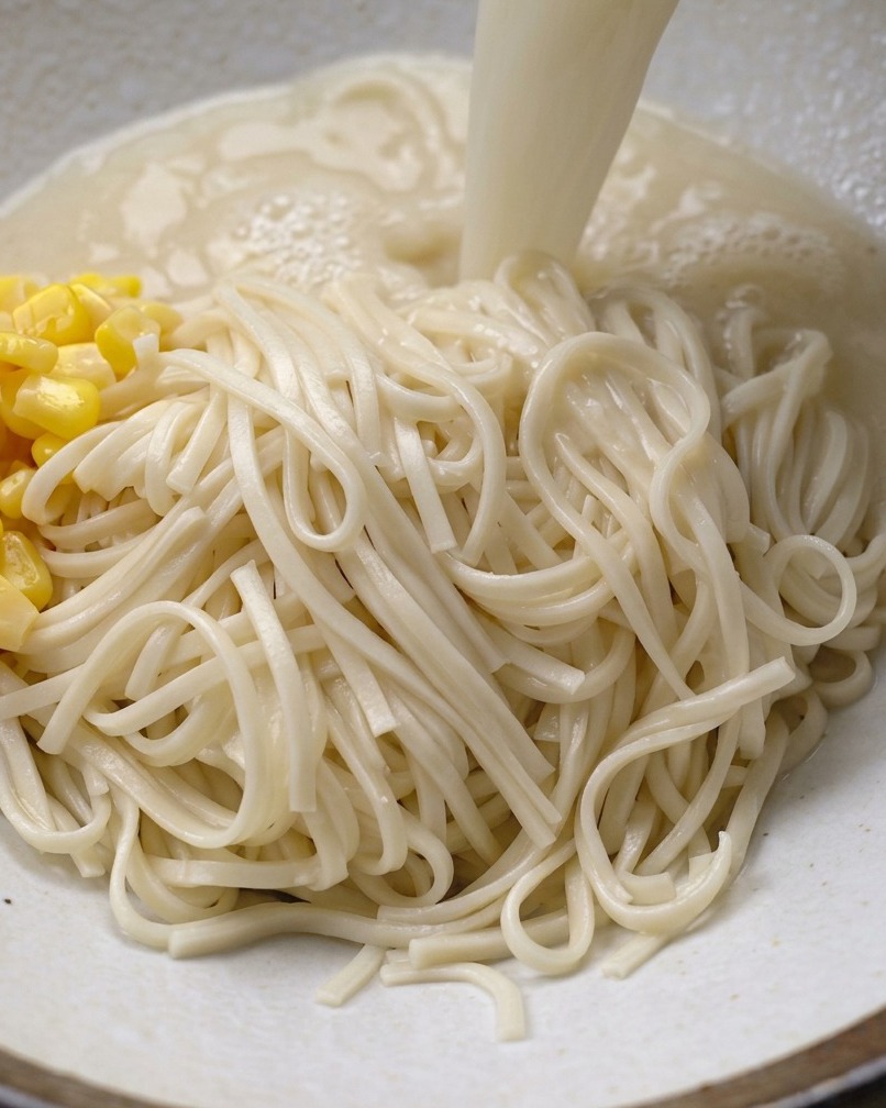 Bouillon de poulet crémeux riche versé sur un bol de nouilles ramen cuites garni de maïs doux