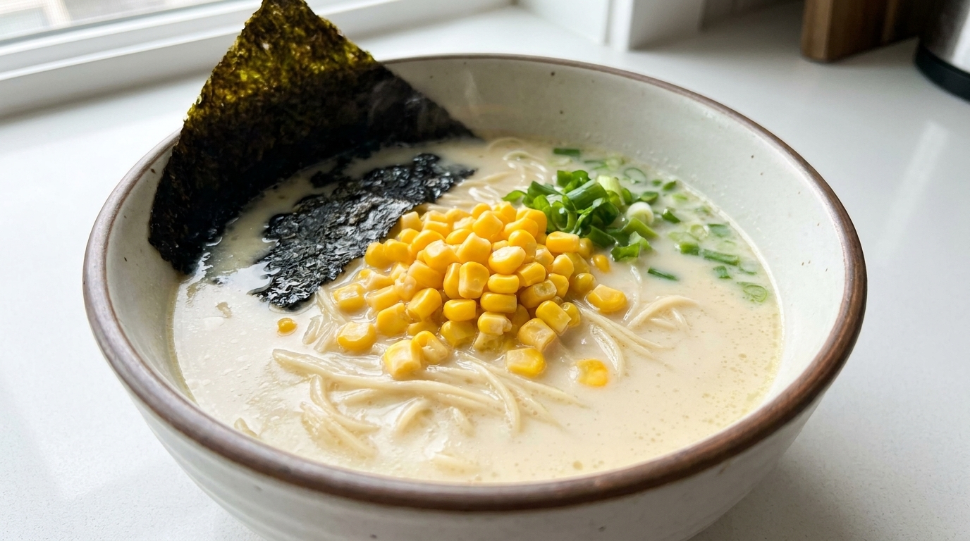 Un bol de ramen au bouillon de poulet blanc crémeux garni de maïs sucré, dalgue nori et doignons verts frais.