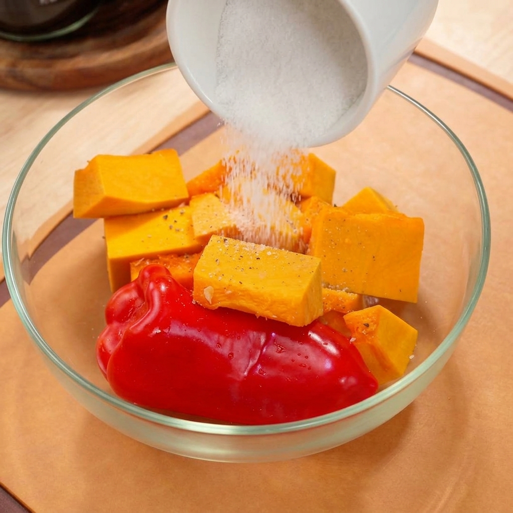 Dés de potiron et un poivron rouge entier dans un bol en verre, en train dêtre assaisonnés et arrosés dhuile dolive.