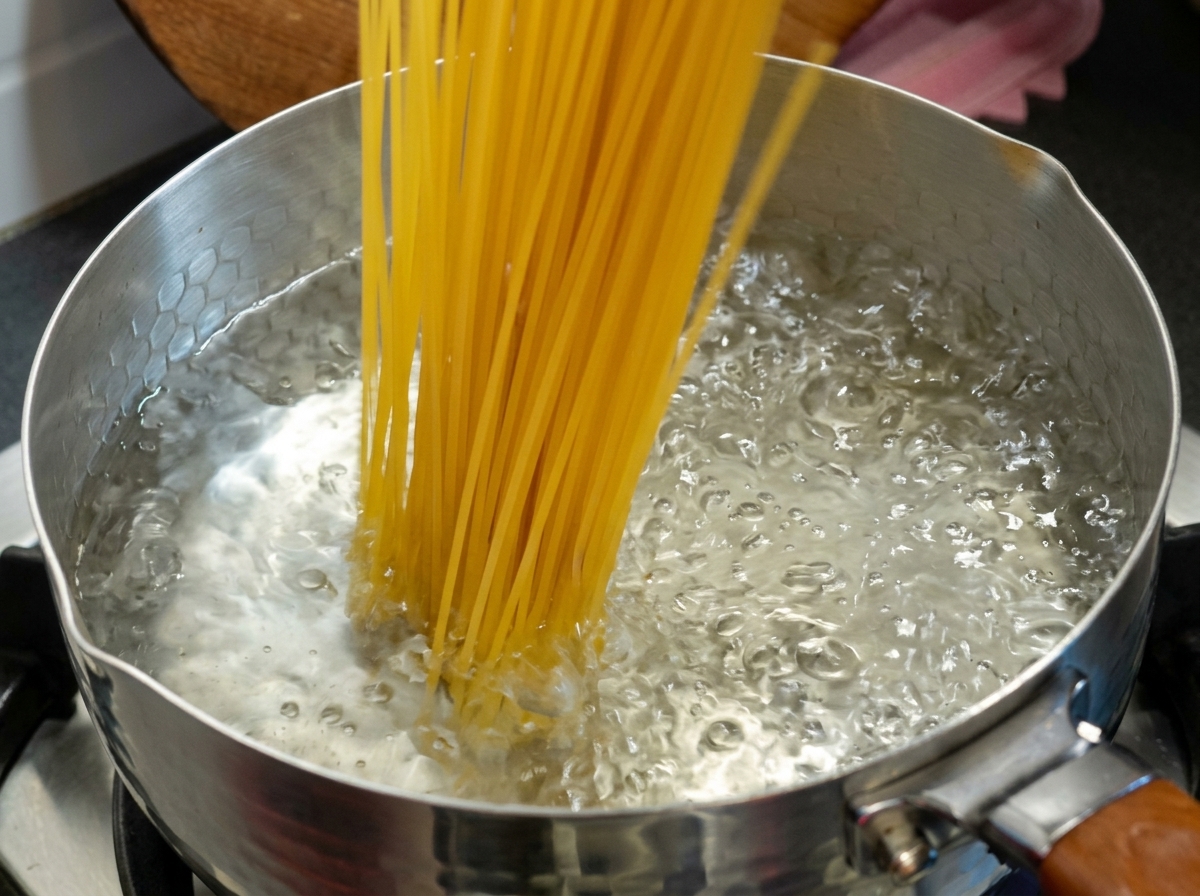 Spaghettis longs plongés dans une marmite deau bouillante frémissante.