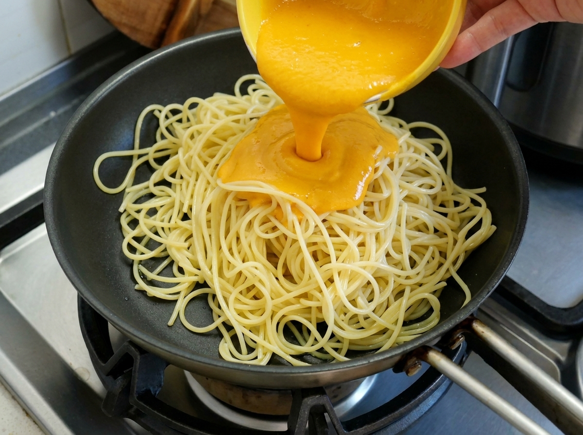 Sauce au potiron orange vif et lisse versée dun bol jaune sur des spaghettis cuits dans une poêle noire.