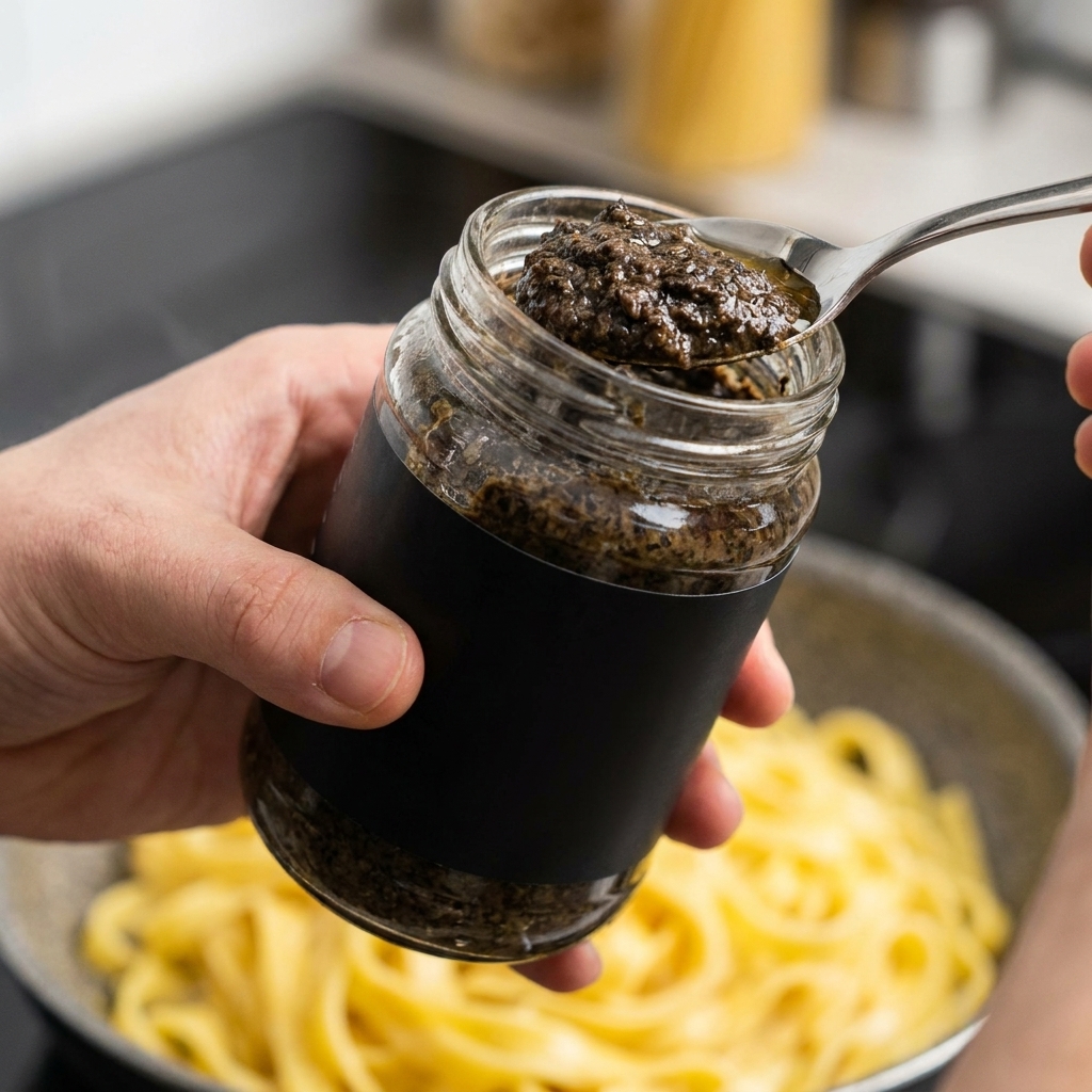 Une main tenant un bocal et une cuillère avec de la sauce à la truffe noire sombre au-dessus dune poêle de pâtes au potiron crémeuses.