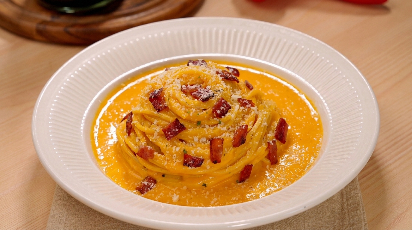 Un bol de pâtes crémeuses au potiron garni de bacon croustillant, de fromage râpé et de persil frais.