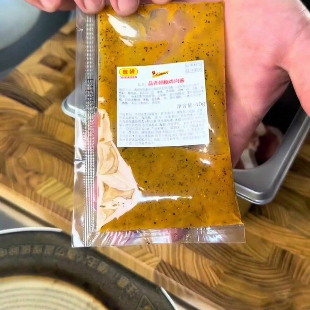 Un sachet de sauce barbecue à lail et au poivre pressé sur des tranches de bœuf cru dans un récipient en métal.