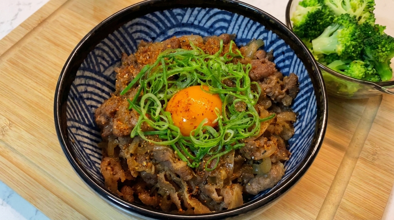 Un bol de Gyudon authentique surmonté dun jaune dœuf, de ciboule fraîche et dépices Shichimi, accompagné de brocolis vapeur.