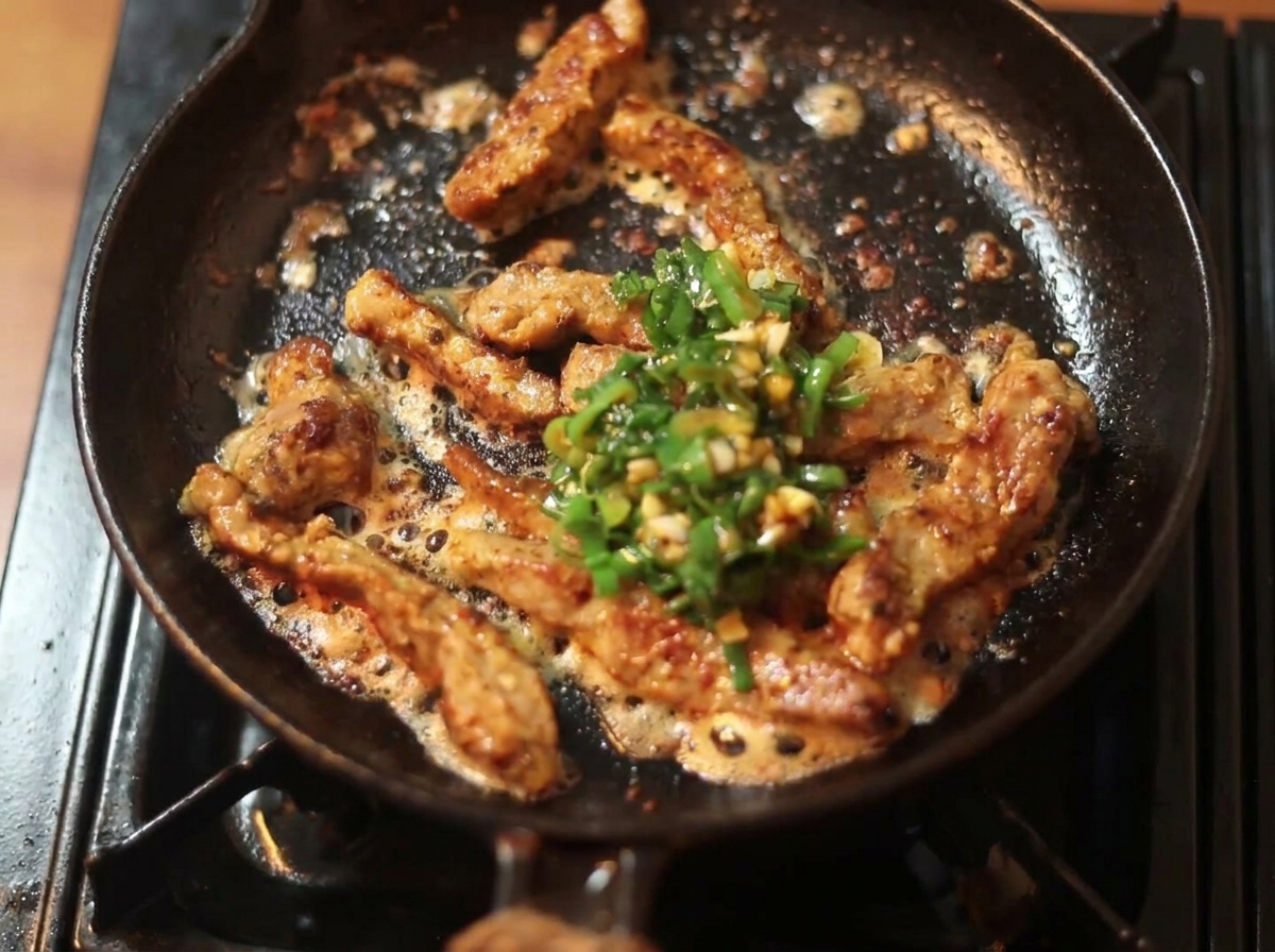 Sauce à lhuile foncée, ciboule et ail versée sur des lanières de bœuf dorées dans une poêle en fonte.