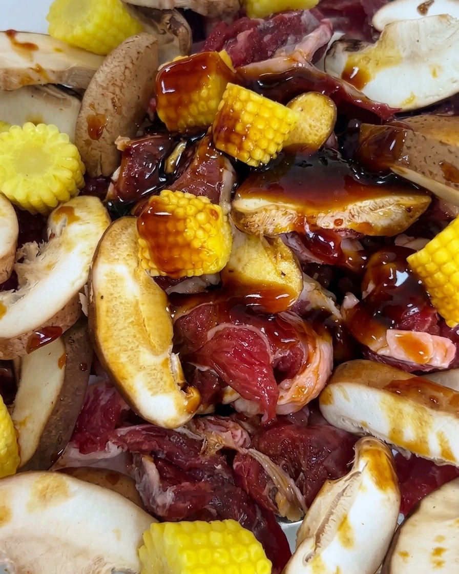 Sel, sucre, poivre noir et ail émincé saupoudrés sur le bœuf et les légumes marinés.
