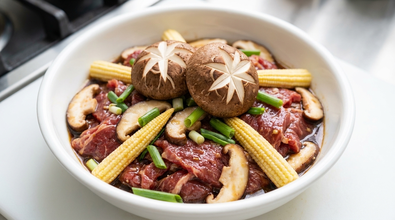 Un bol de bœuf cru mariné, préparé avec des champignons shiitakés, du maïs miniature et des oignons verts frais.