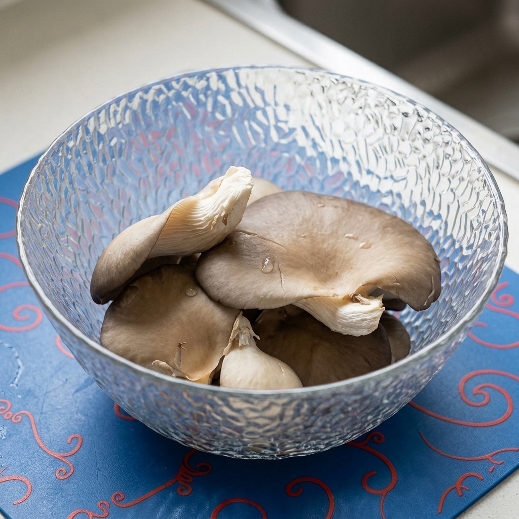 Pleurotes frais dans un bol en verre, lavés avec un mélange deau et de fécule.