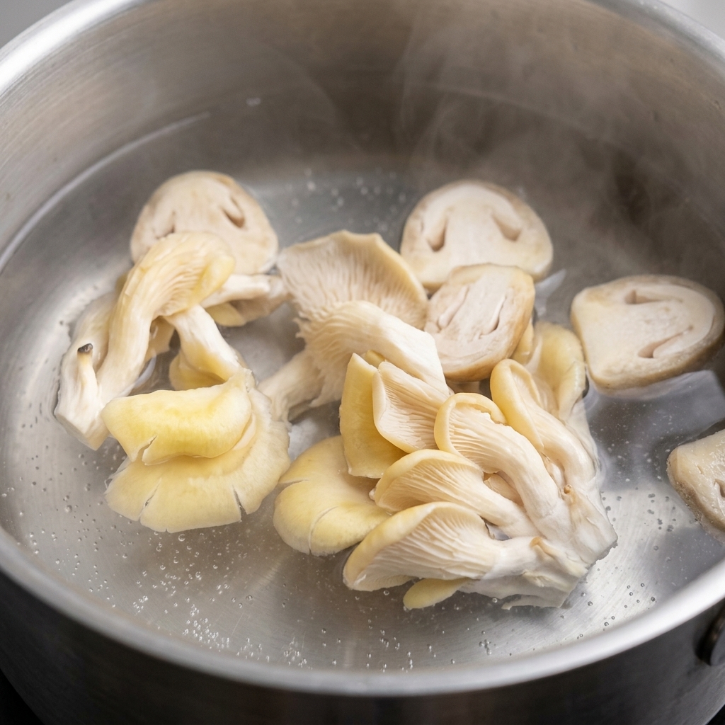 Champignons frais en train dêtre bouillis dans une casserole deau.