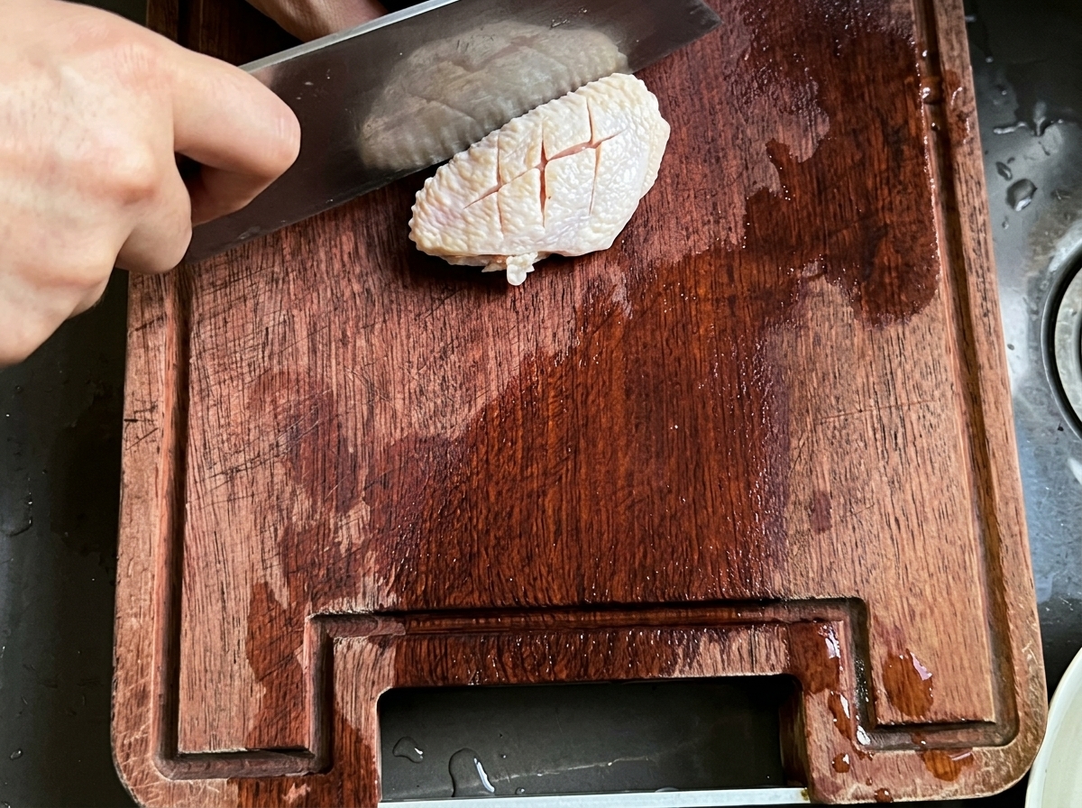 Une aile de poulet crue incisée avec un couperet sur une planche à découper en bois.