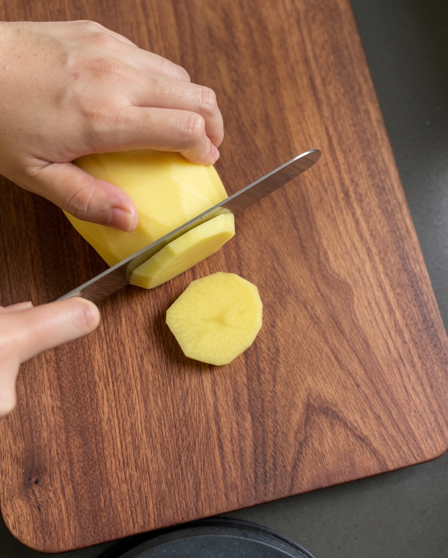 Rondelles de pommes de terre crues coupées sur une planche à découper en bois.