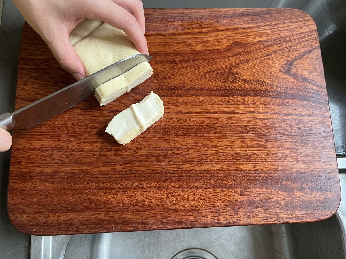 Un bloc de tofu blanc ferme coupé en lamelles sur une planche à découper en bois.