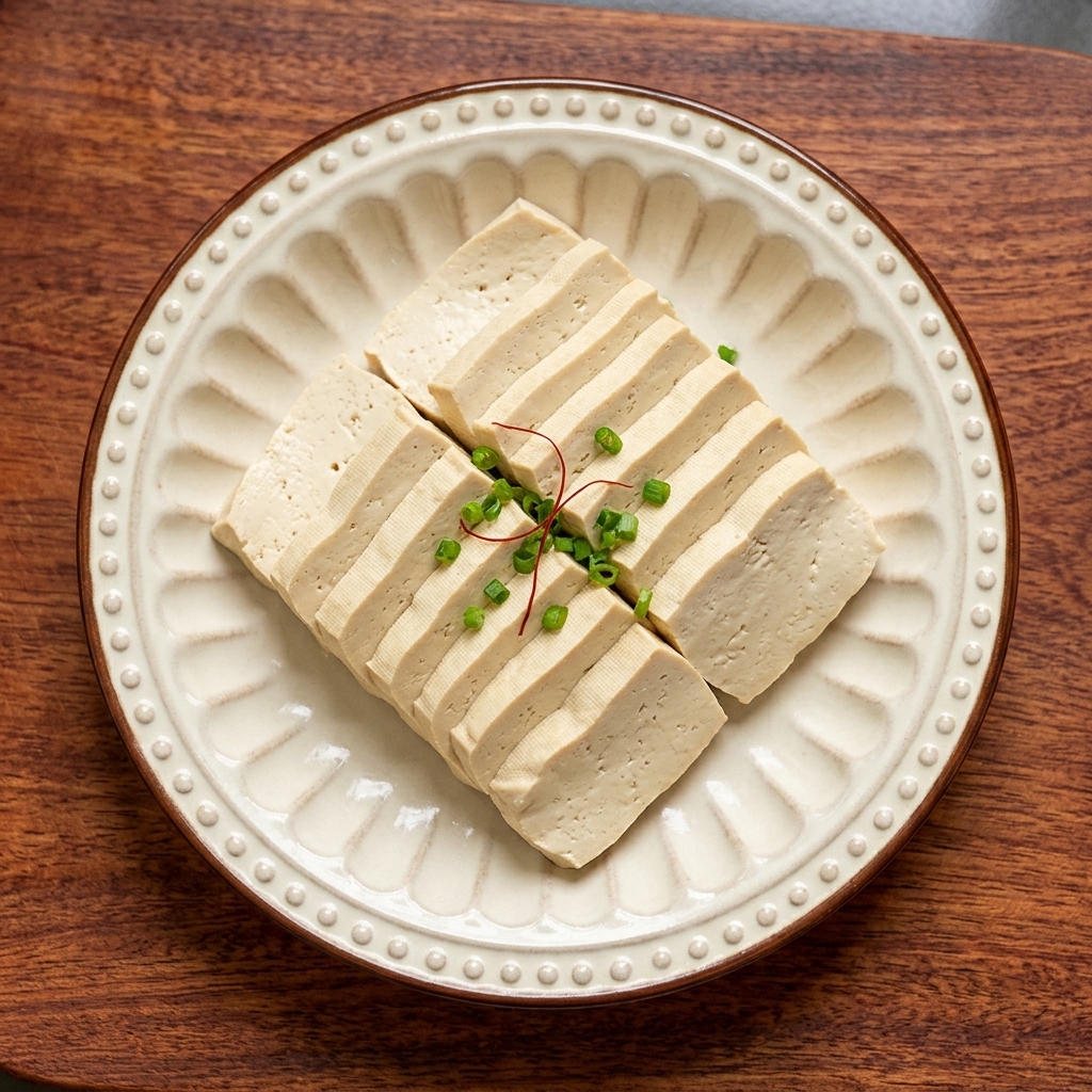 Tranches de tofu ferme disposées sur une assiette en céramique blanche, prêtes à être grillées.