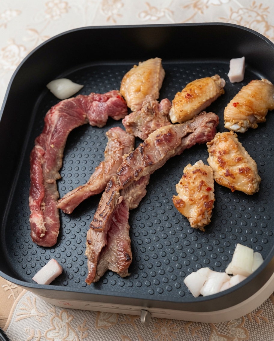 Lanières de bœuf mariné et ailes de poulet cuisant sur un grill électrique carré antiadhésif.