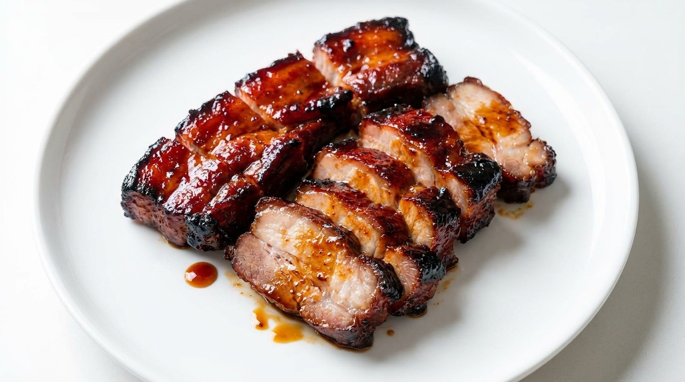Tranches de poitrine de porc char siu tendres et laquées au miel avec une finition caramélisée.