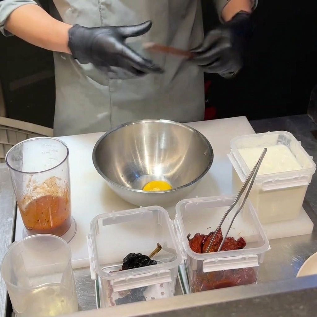Émulsion dun jaune dœuf, de parmesan et de la base de piment avec de lhuile dans un bol en acier inoxydable.