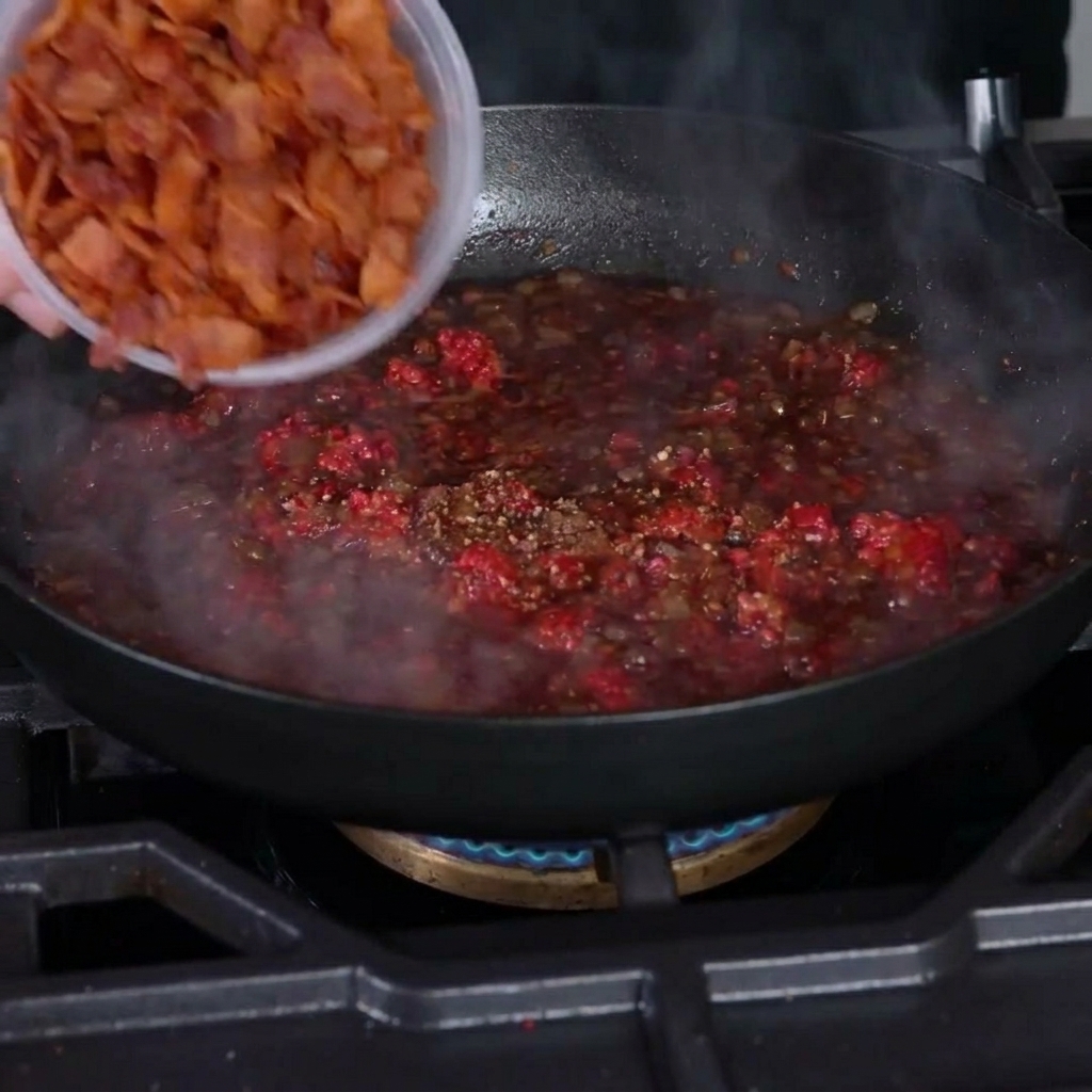 Bacon incorporé au mélange doignons et de framboises réduit.
