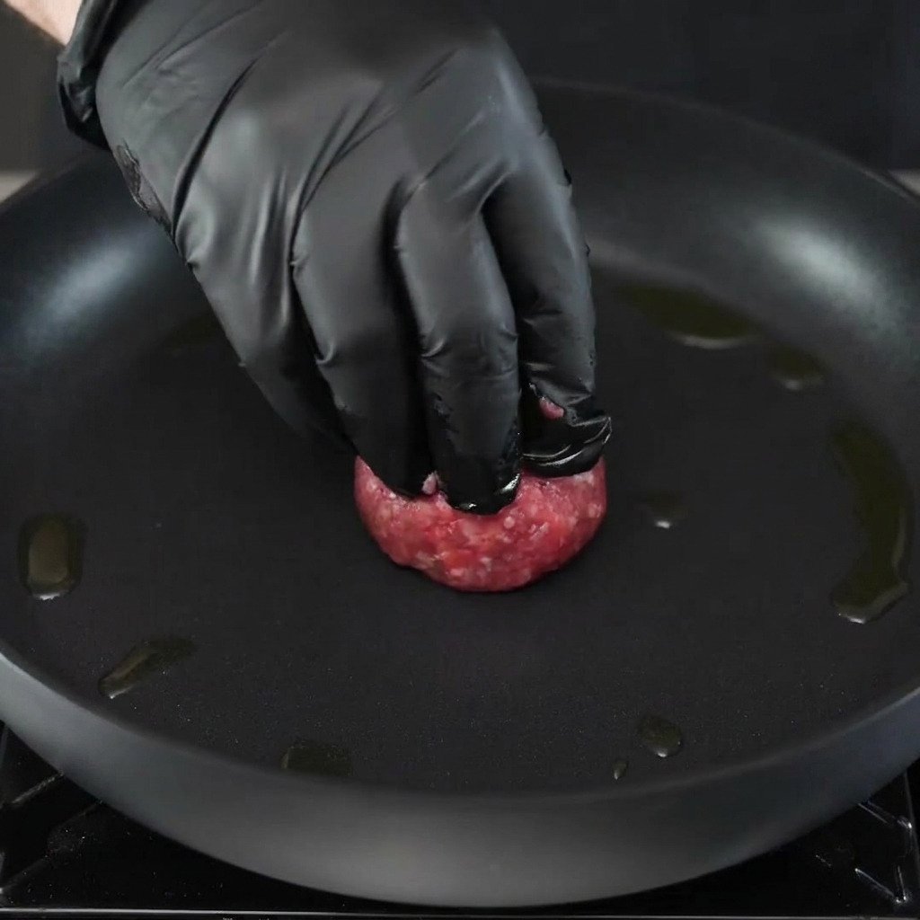 Une presse métallique aplatissant une boule de bœuf en un steak fin dans une poêle chaude.