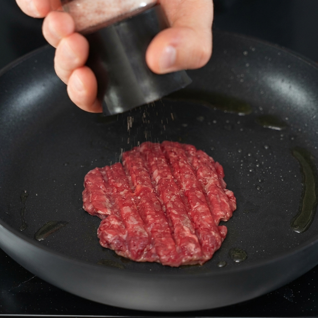 Sel et poivre moulus directement sur un steak de bœuf saisissant dans une poêle.