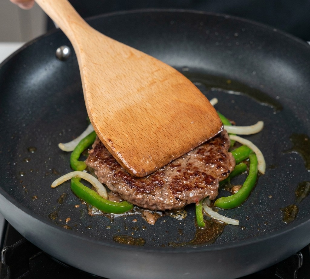 Une tranche de cheddar sur un steak de bœuf recouvert de jalapeños et doignons.