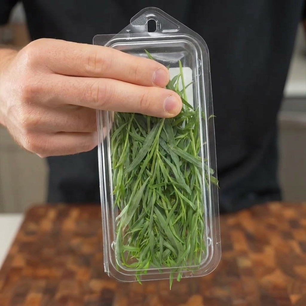 Herbes fraîches finement hachées au couteau sur une planche à découper en bois.