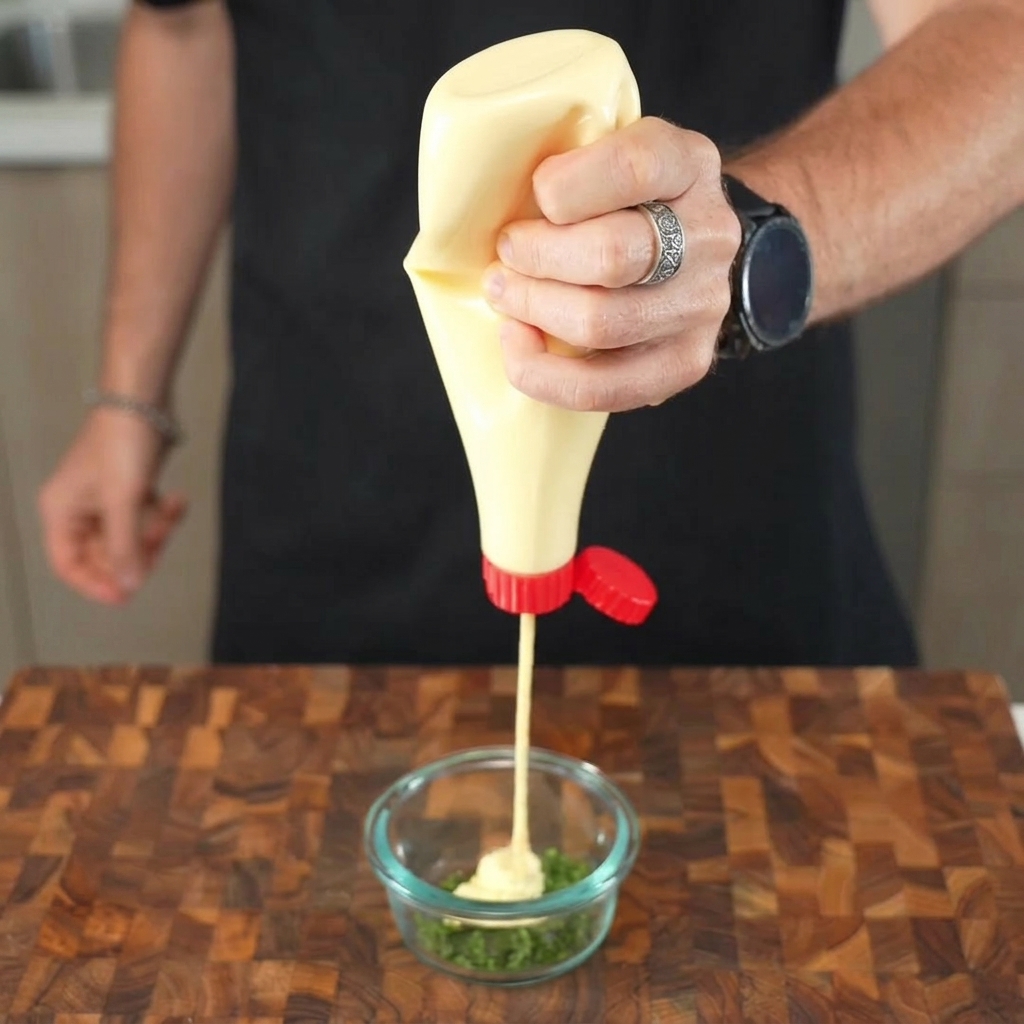 Mayonnaise, moutarde et jus de lime mélangés avec des herbes dans un petit bol en verre.