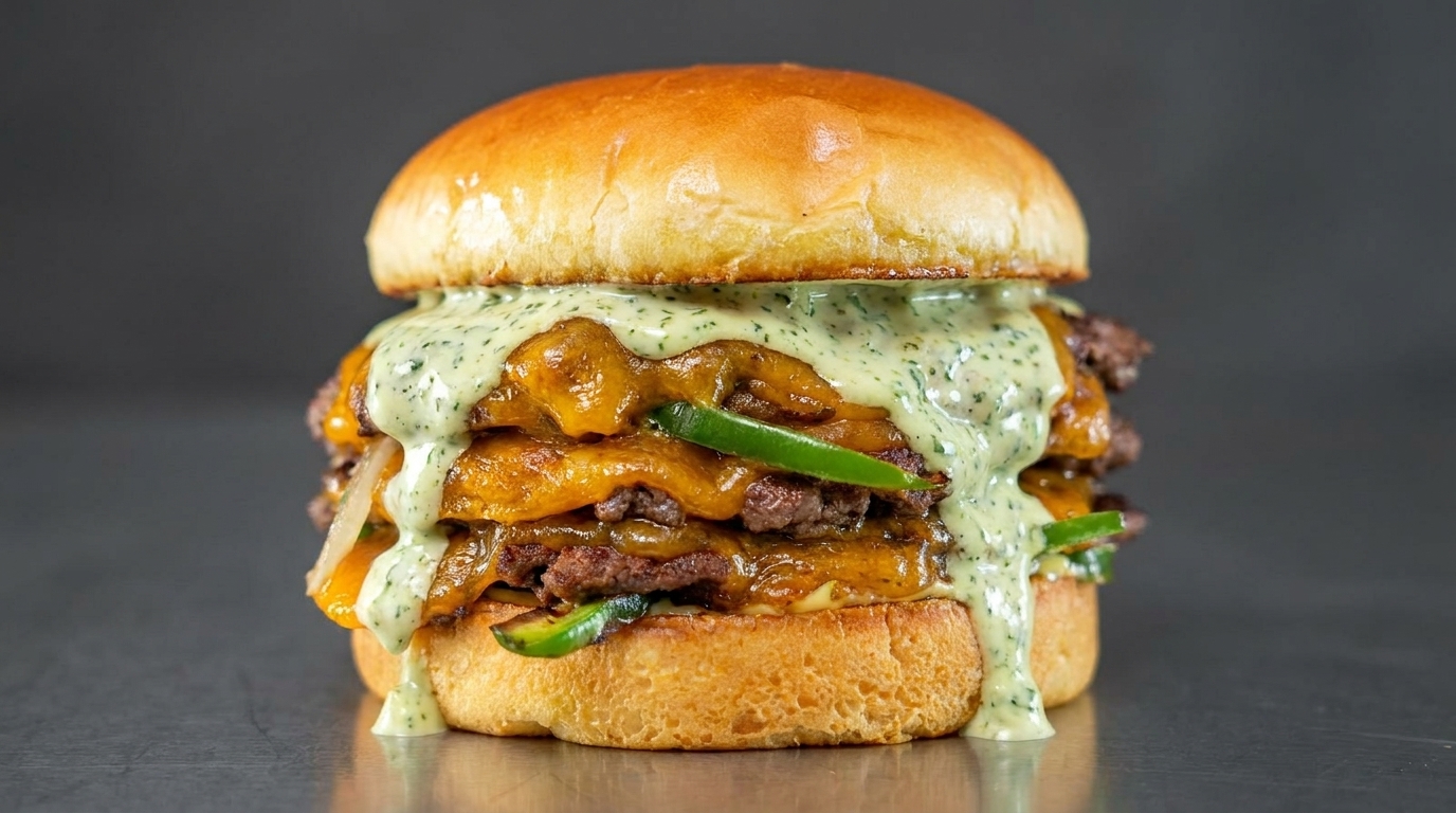 Smash Burger au Jalapeño et Sauce Verte aux Herbes Fraîches