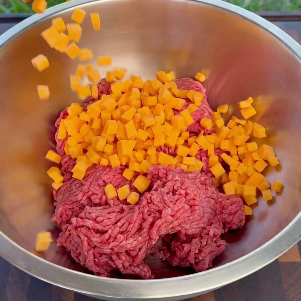 Cubes de cheddar orange ajoutés dans un bol en inox rempli de bœuf haché.