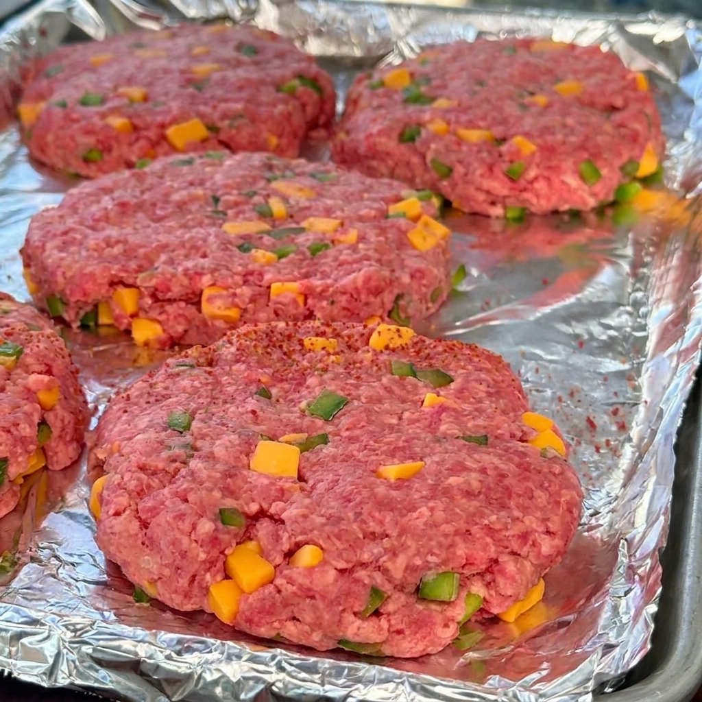 Quatre steaks de bœuf épais parsemés de fromage et de poivrons, légèrement recouverts dun rub barbecue rouge sur un plateau.