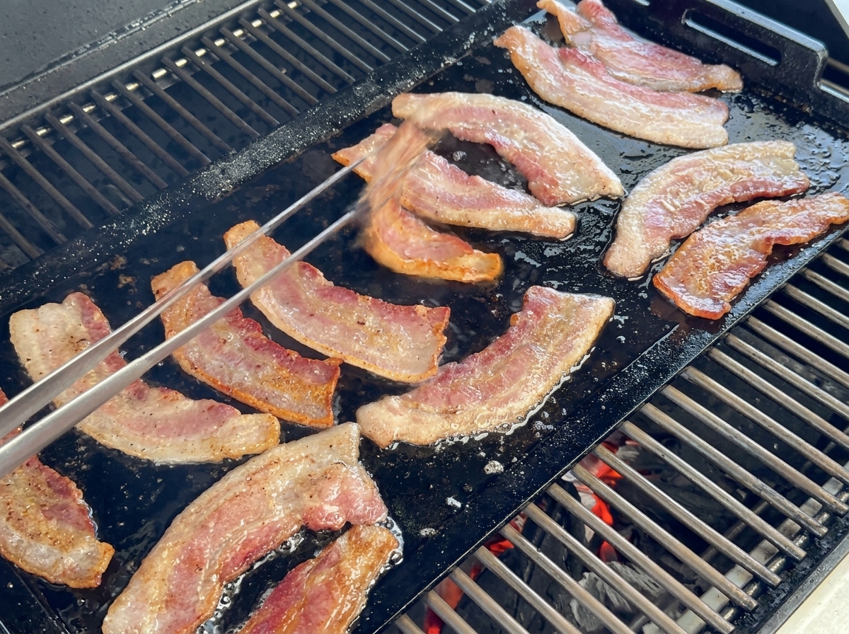 Tranches de bacon épais grésillant sur une plaque en fonte, retournées avec une pince en métal.