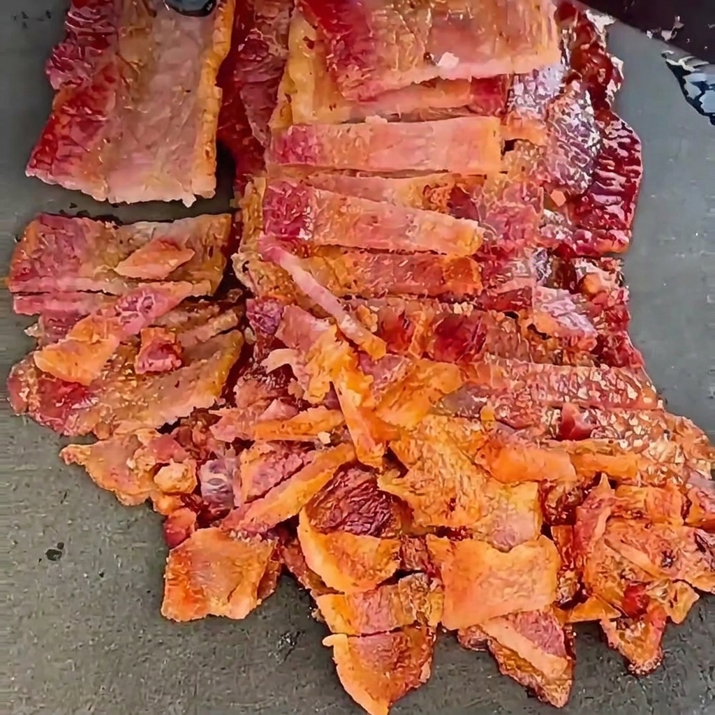 Tranches de bacon cuites et croustillantes hachées en petits morceaux sur une surface sombre.