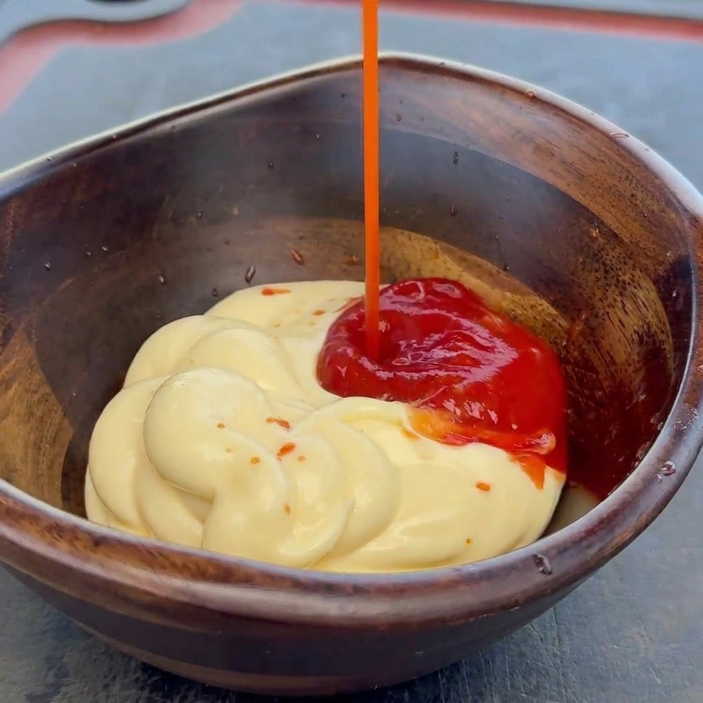 Ketchup rouge versé dans un petit bol en bois contenant de la mayonnaise crémeuse.