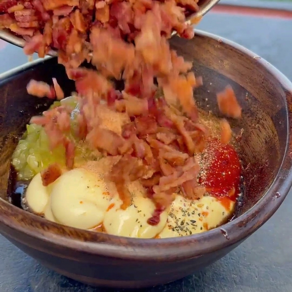 Morceaux de bacon croustillant ajoutés dans un bol en bois rempli de sauce crémeuse.